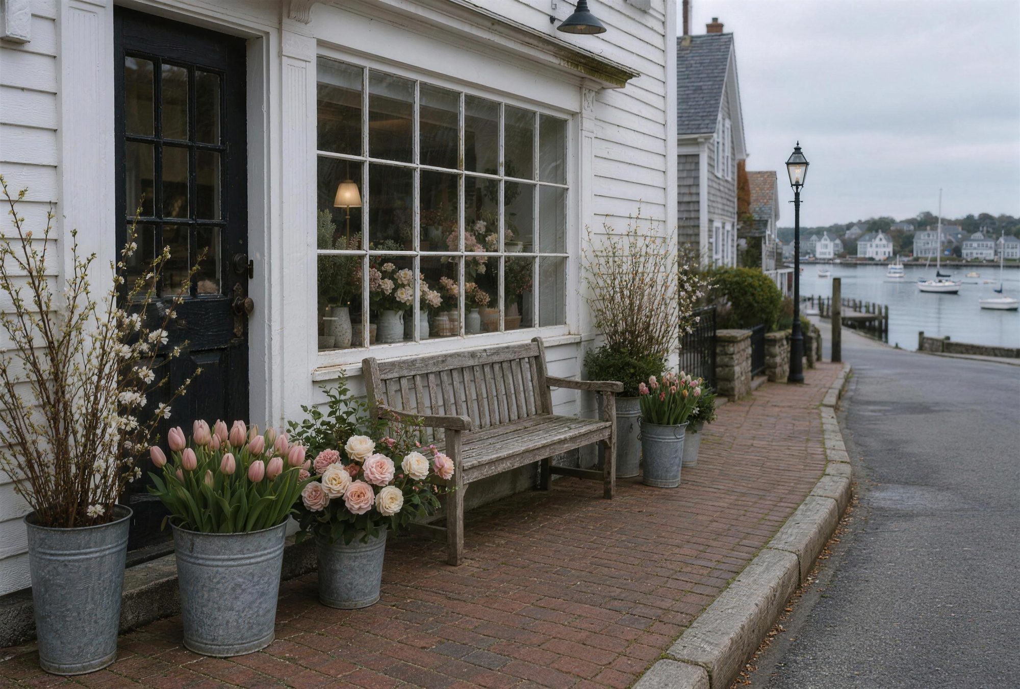 The white clapboard shop on Water Street with buckets of flowers outside