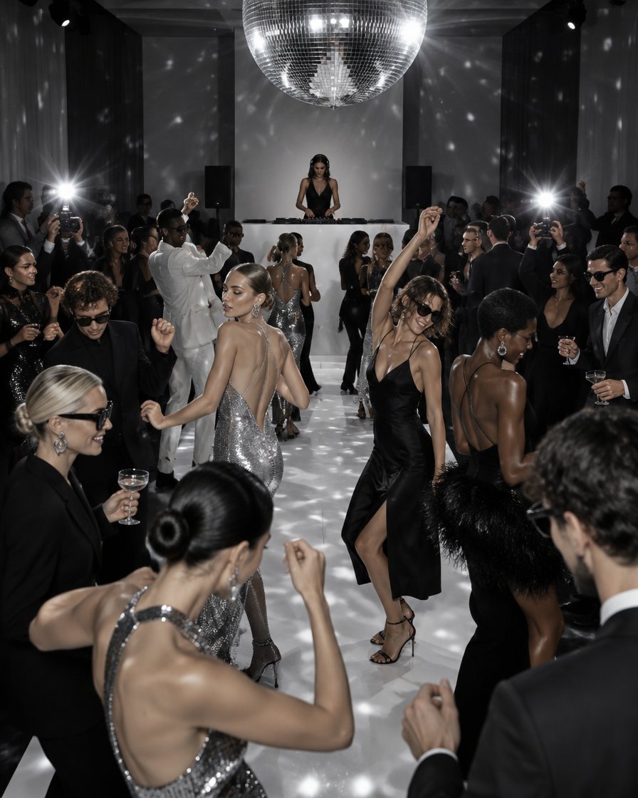 A runway turned into a dance floor under a mirror ball