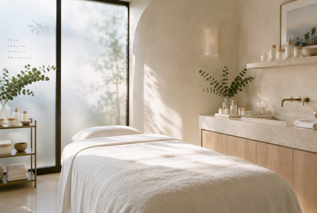 The Dewline treatment room: a white facial bed under a frosted window, soft plaster curve and eucalyptus on the vanity