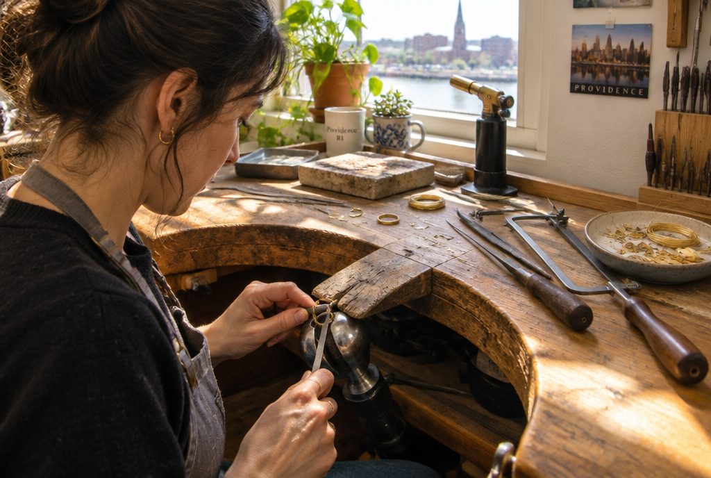 Odile at her wooden jeweler's bench by a window, filing a small gold ring held in a ring clamp, with a torch, saw frame and coils of gold wire beside her