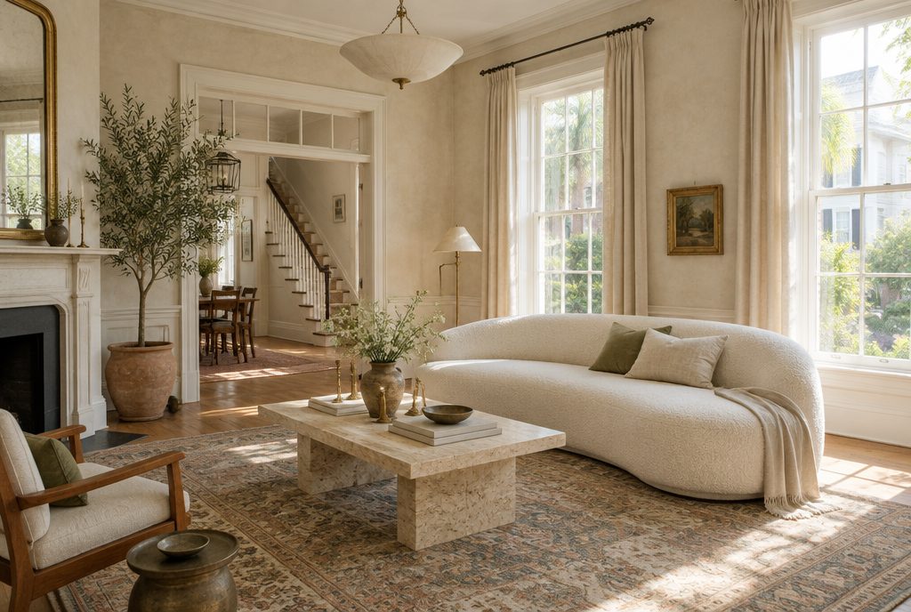Front parlor of a Charleston single house in limewashed plaster, with a curved boucle sofa, travertine coffee table, potted olive tree and tall sash windows onto the piazza.