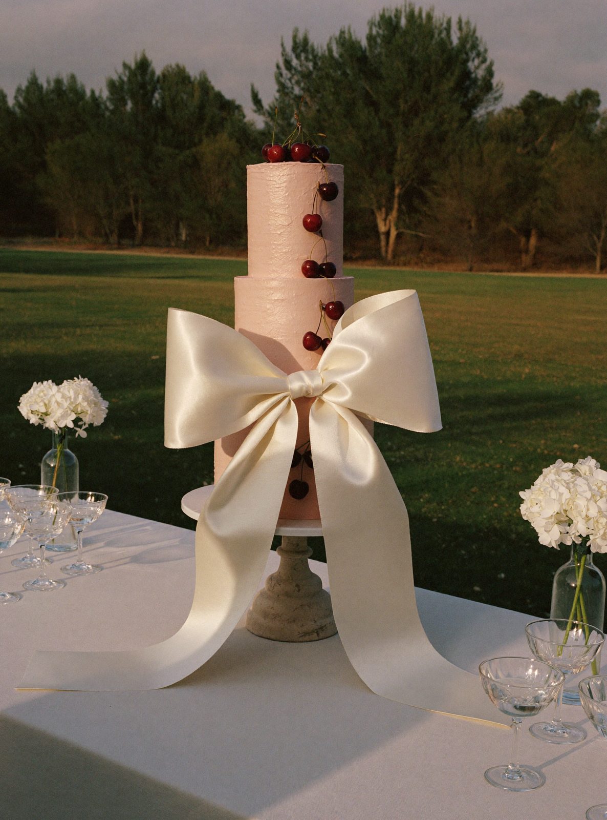 A tall blush cake with lacquered cherries and an oversized ivory silk bow on a lawn at golden hour
