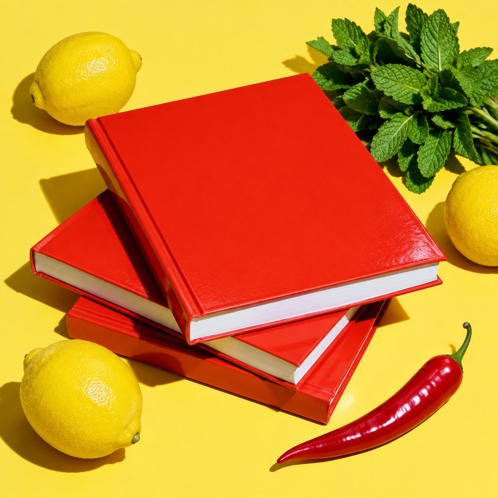 Three copies of Loud Food, a tomato red cookbook, on yellow with lemons