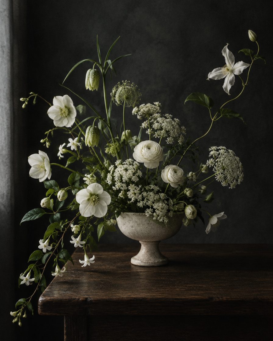 A loose white and green arrangement in a stone compote against a charcoal wall