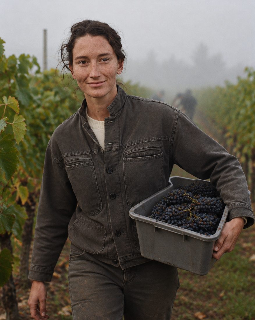 Mara carrying a picking bin of Pinot Noir down a foggy row