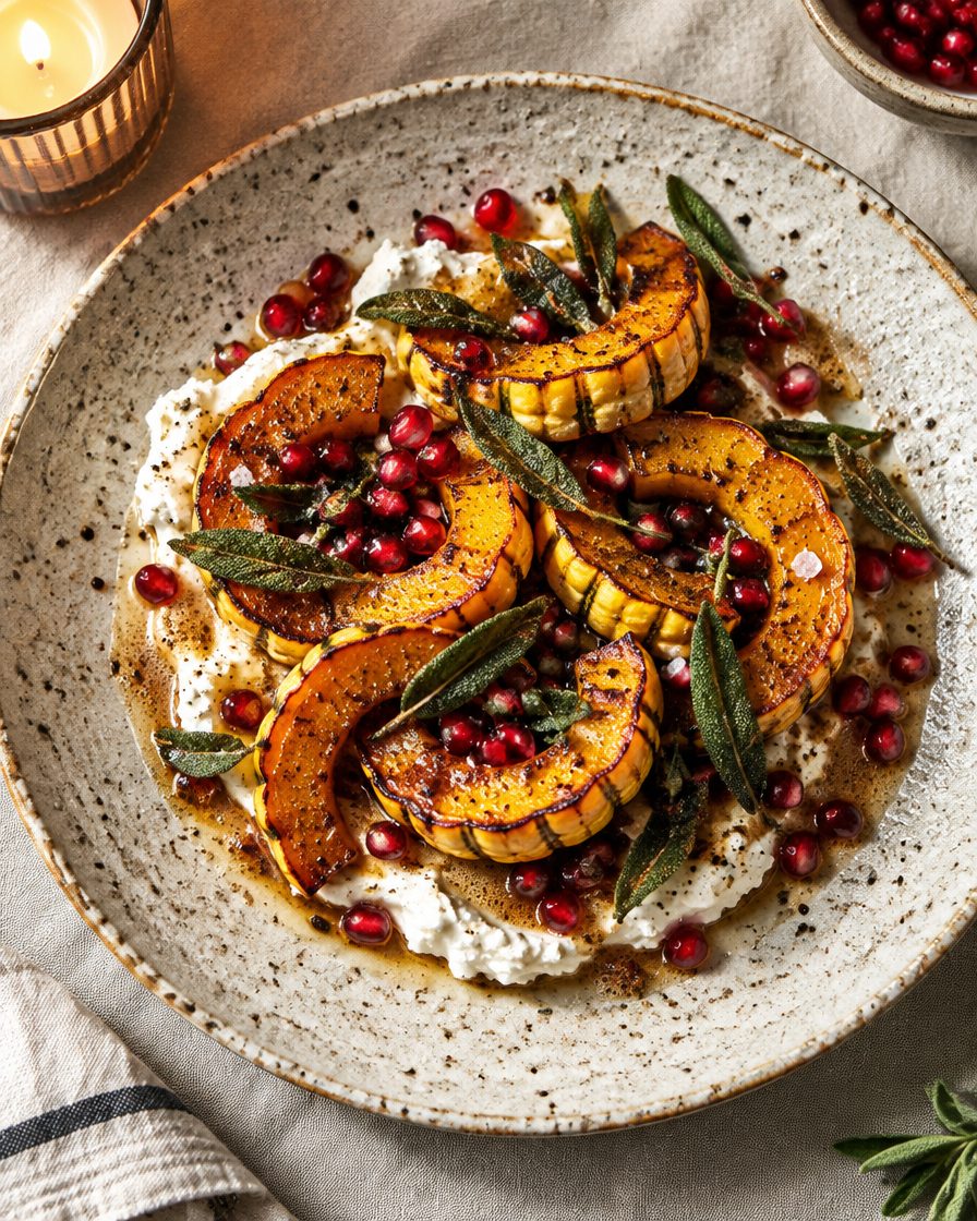 Charred delicata squash rings on whipped ricotta with brown butter, crispy sage leaves and pomegranate seeds on a speckled stoneware plate
