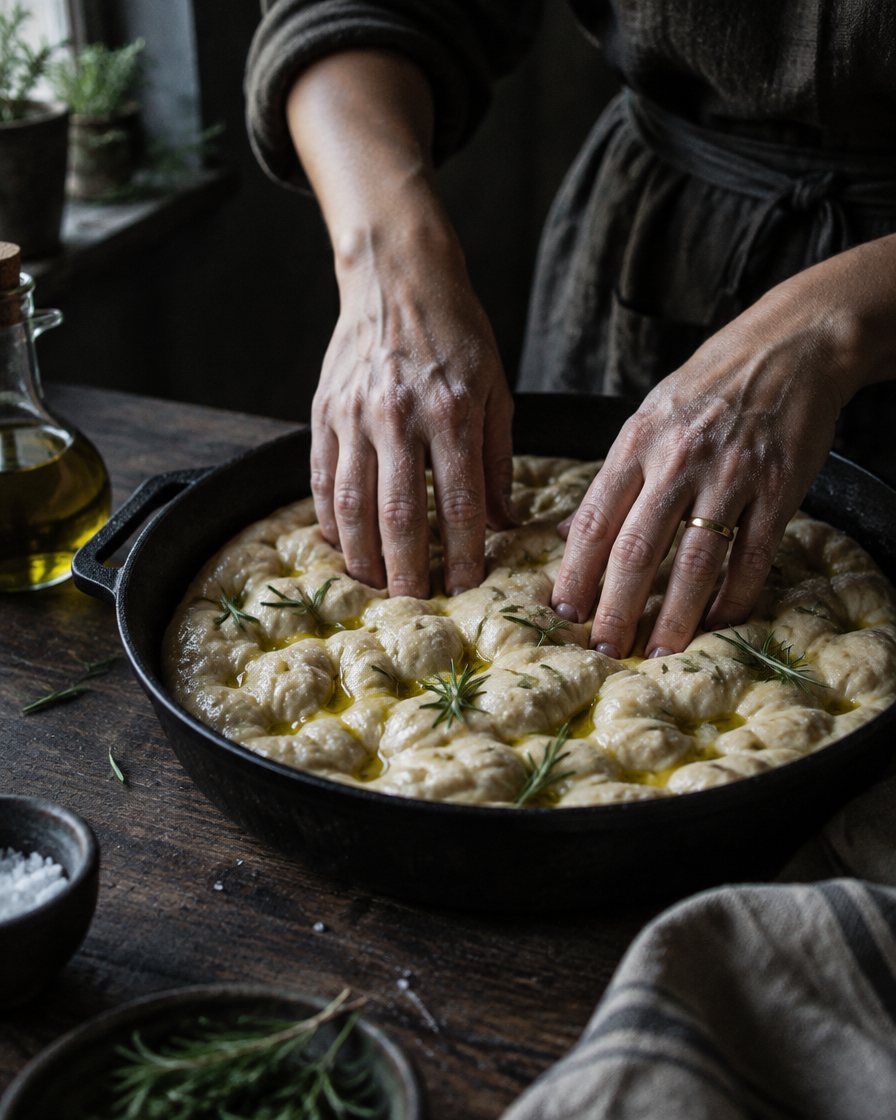 Hands pressing focaccia dough in an iron pan