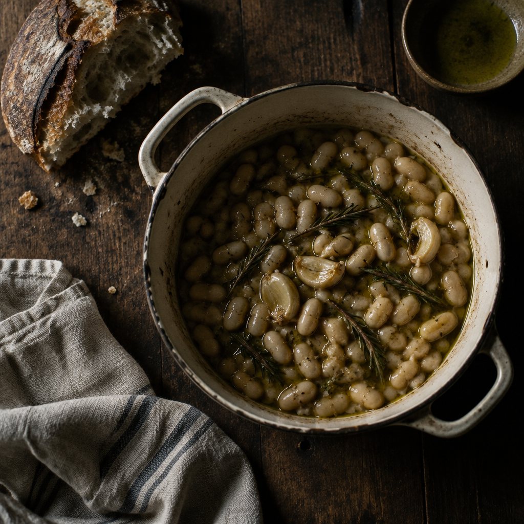 Braised white beans with rosemary in a cream enamel pot