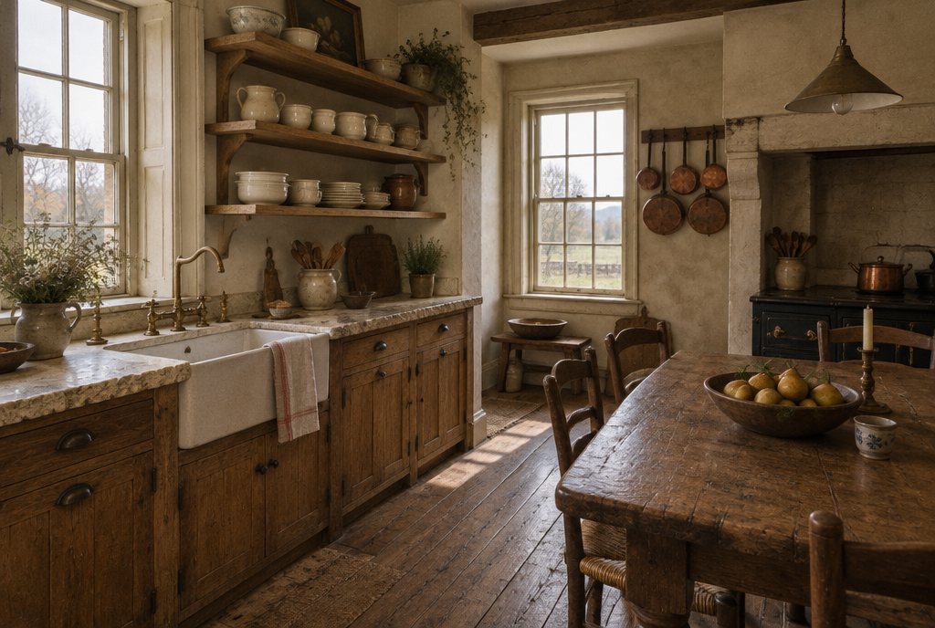 The farmhouse kitchen with limestone counters and open shelves
