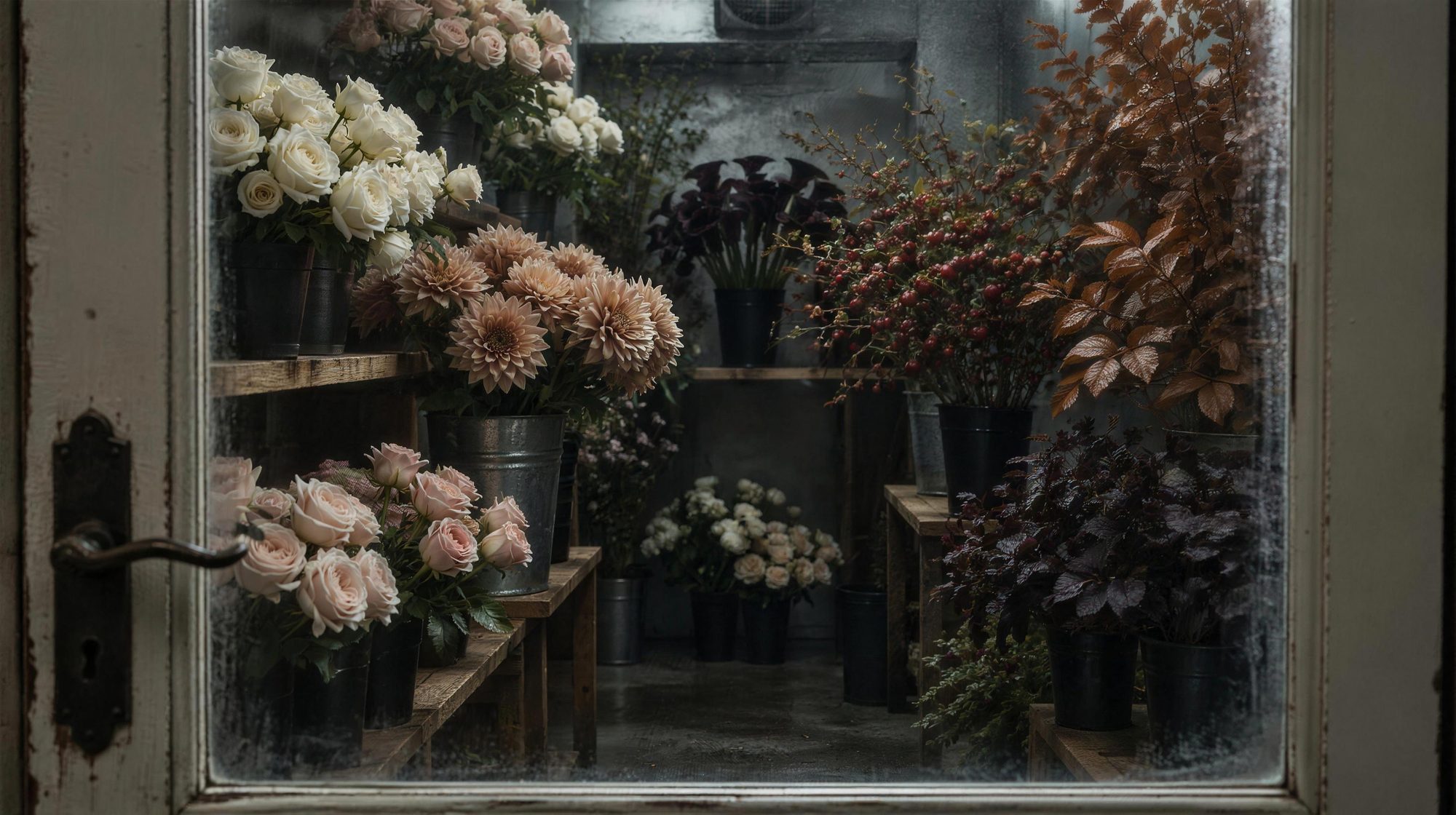 Through the old glass door of the walk-in cooler: roses, dahlias, copper beech and crabapple in buckets