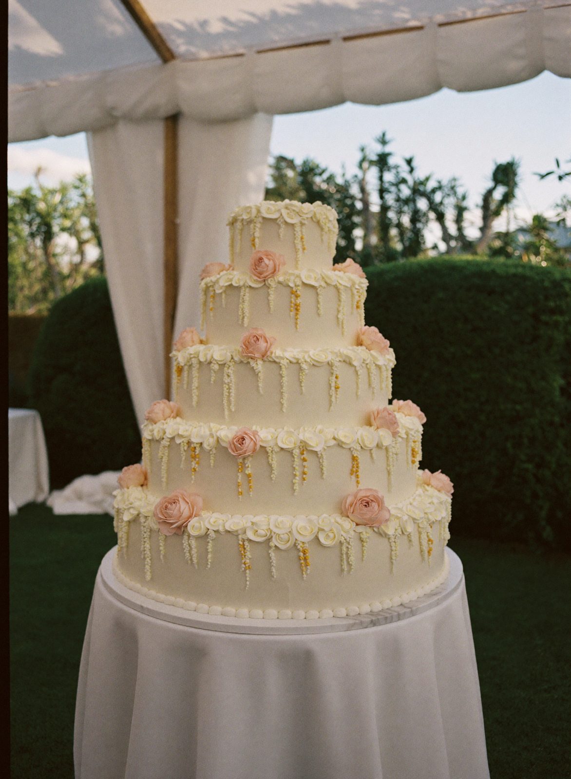 A five tier ivory cake covered in hand made sugar garden roses on a marble plinth in a Hamptons garden tent
