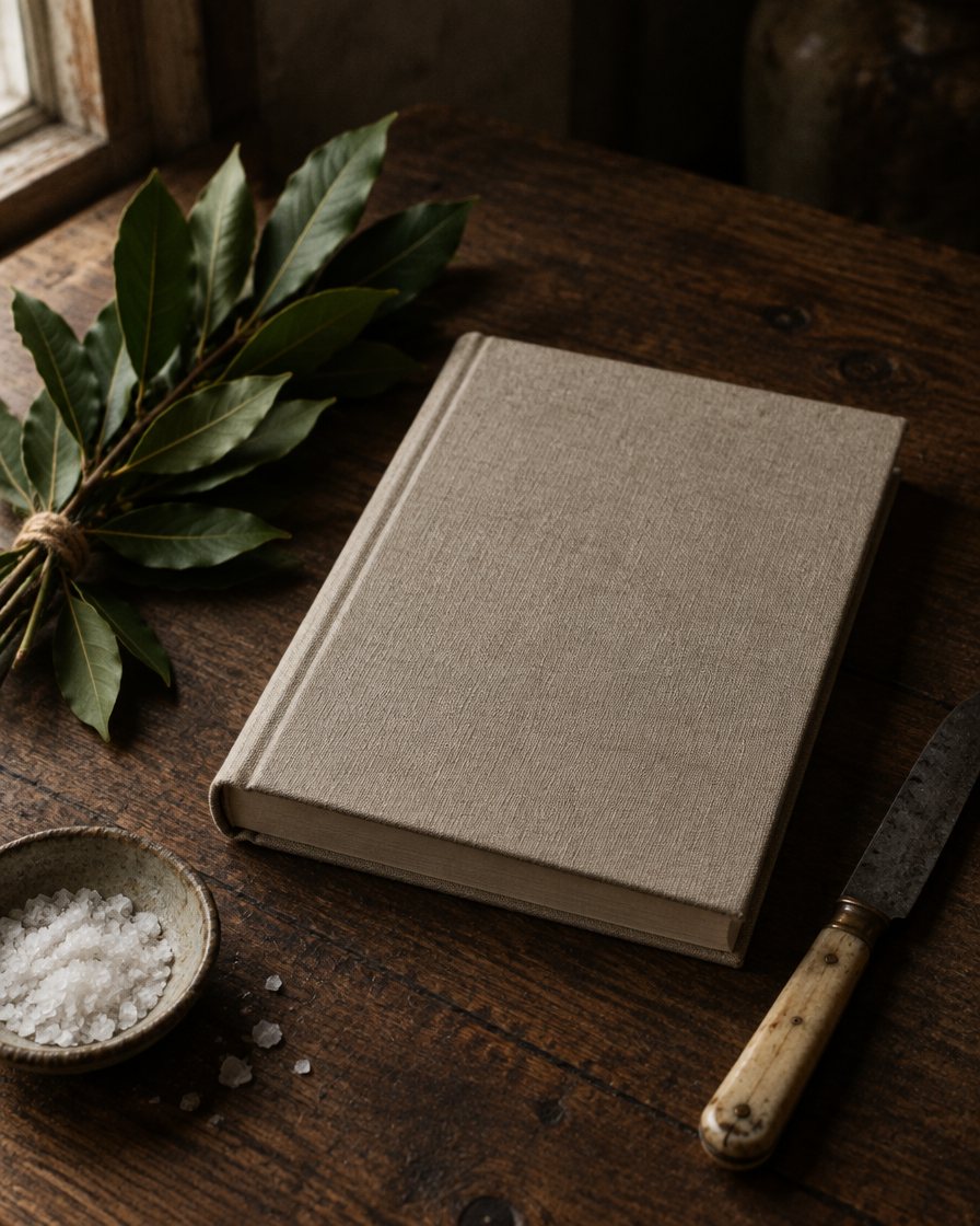 Salt, Smoke and Sunday, a linen-bound cookbook on an oak table with bay leaves