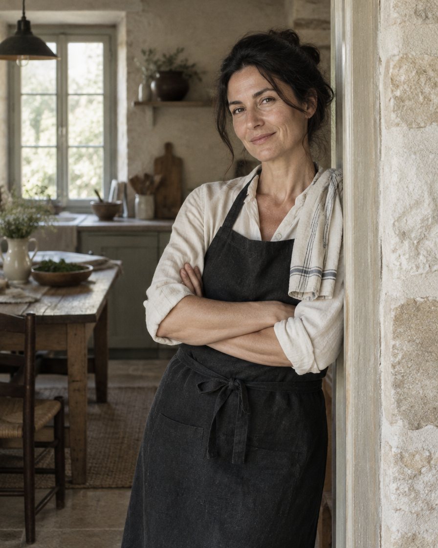 Delphine in her kitchen doorway in a black linen apron
