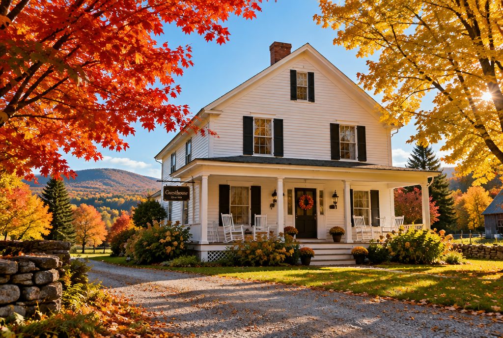 The white clapboard Hollis farmhouse with black shutters and porch rockers, framed by red and gold maples in October sun