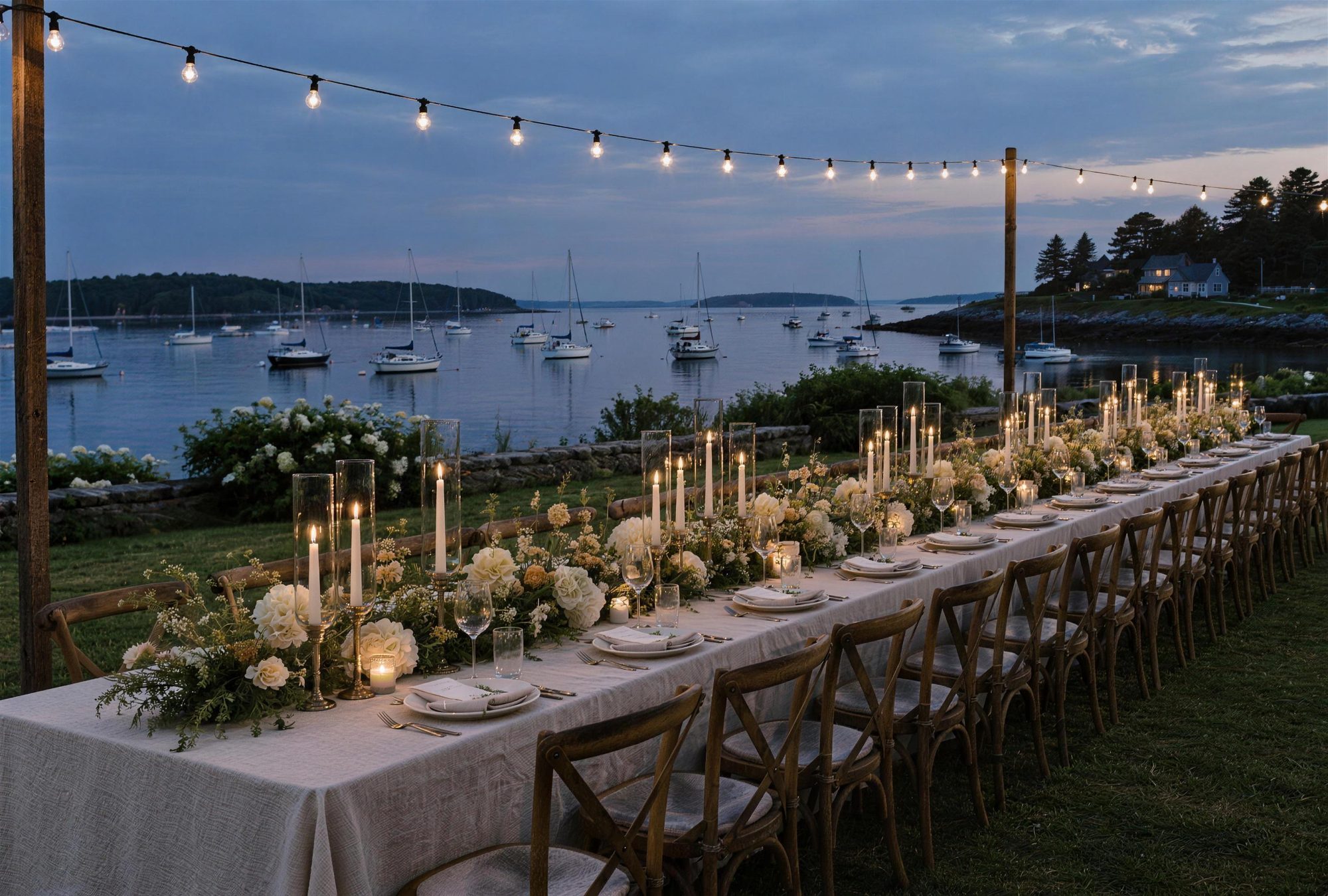 A long candlelit dinner table on a lawn above a harbor with low meadow arrangements
