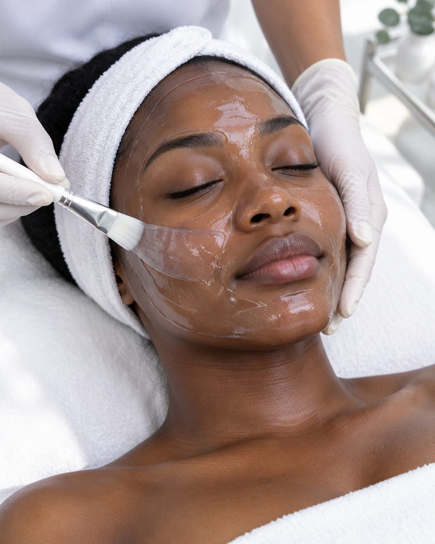 June's gloved hands brushing a cooling clear gel mask onto a client's face