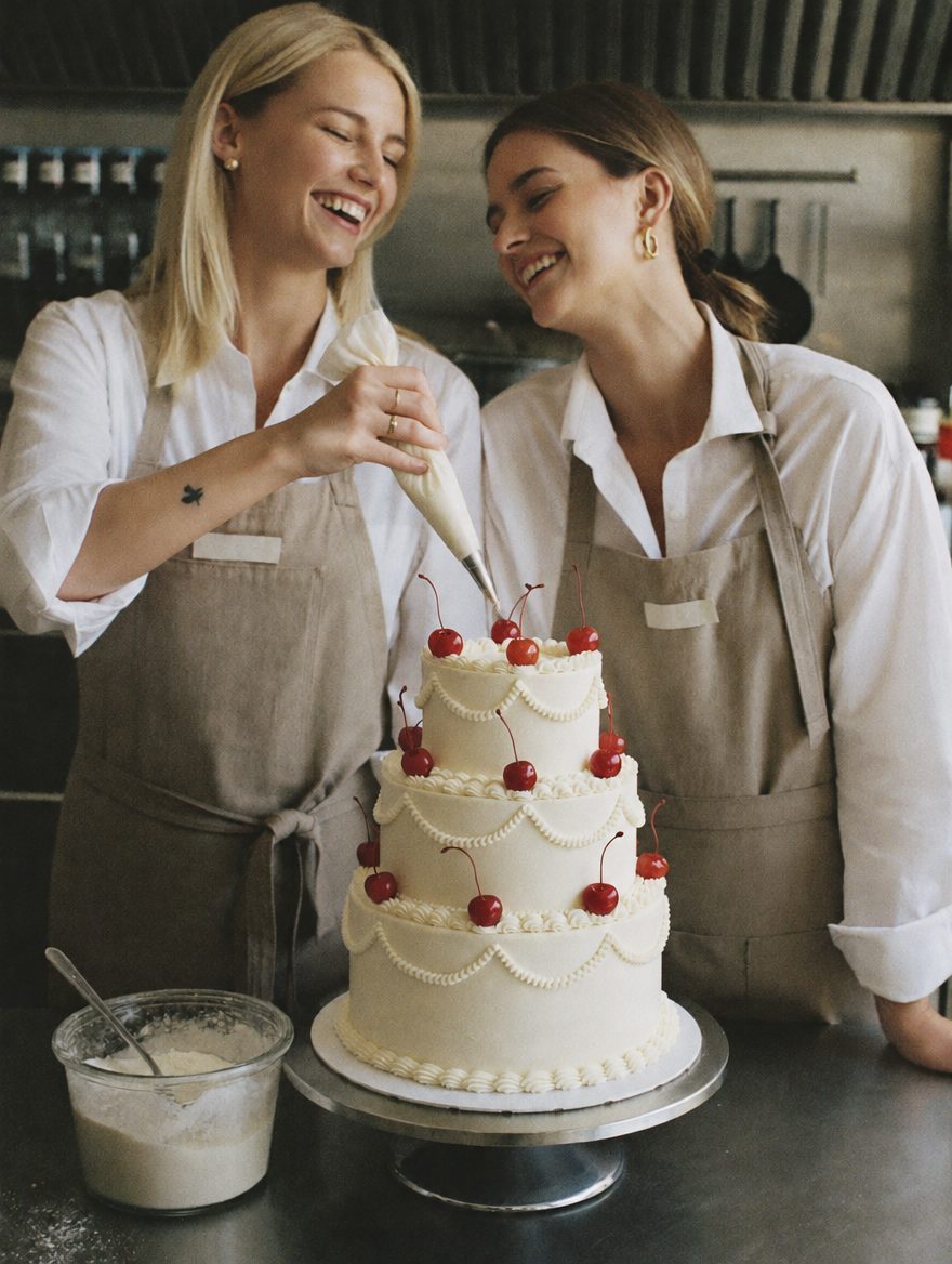 Margot and Tess laughing in their Red Hook kitchen beside a cherry topped cake